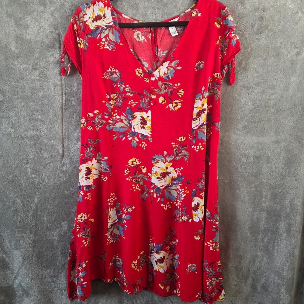 Arizona Jean Co. Red Floral Rayon V-Neck Dress with Sleeve Ties - Size XL